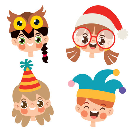 Cartoon Kids Wearing Funny Hatsのイラスト素材