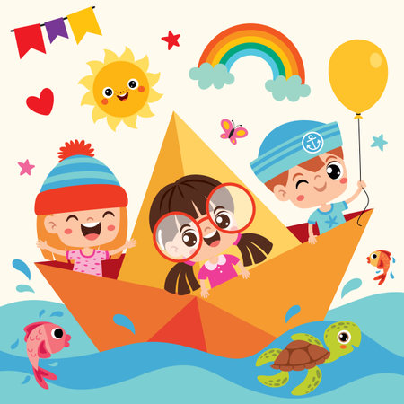 Kids Sailing On Origami Boatのイラスト素材