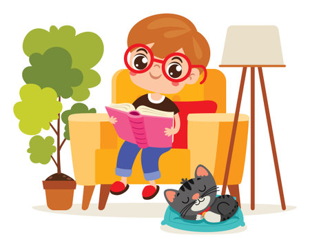 Cute Cartoon Kid Reading Bookのイラスト素材
