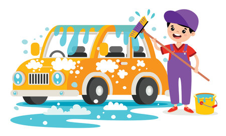 Cartoon Man Washing A Carのイラスト素材