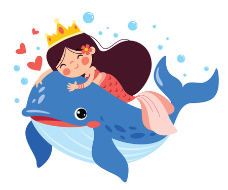 Cartoon Mermaid And Whale Swimmingのイラスト素材