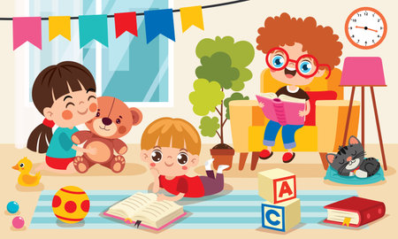 Kindergarten Scene With Cartoon Charactersのイラスト素材