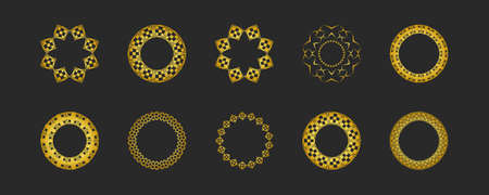 Collection of black backgrounds and golden geometric elements. Set of labels, icons, and seamless patterns. Templates with luxury foil for packagingのイラスト素材