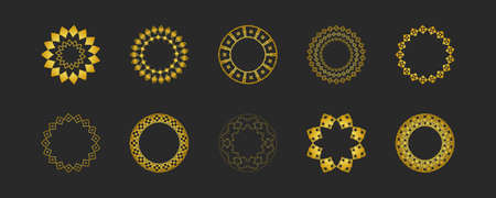 Collection of black backgrounds and golden geometric elements. Set of labels, icons, and seamless patterns. Templates with luxury foil for packagingのイラスト素材