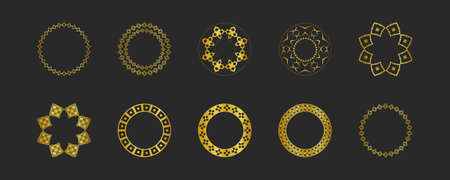 Collection of black backgrounds and golden geometric elements. Set of labels, icons, and seamless patterns. Templates with luxury foil for packagingのイラスト素材