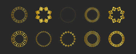 Collection of black backgrounds and golden geometric elements. Set of labels, icons, and seamless patterns. Templates with luxury foil for packagingのイラスト素材