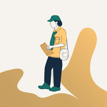 vector of a man standing holding a piece of paper. flat illustrationのイラスト素材
