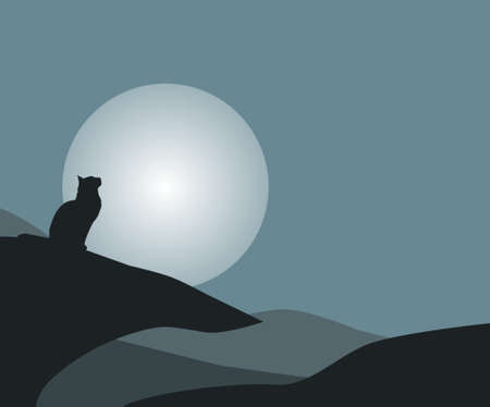 silhouette of a cat looking at the full moon from the top of the hillのイラスト素材