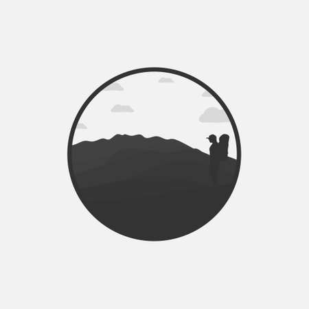 a tourist climbs the mountain symbol, travel, and expedition logo template. Silhouette of a climberのイラスト素材