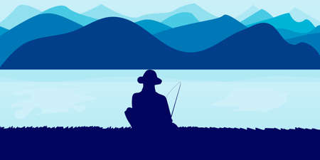 vector illustration of a man wearing a hat fishing in the lake. flat illustrationのイラスト素材