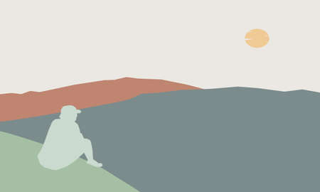 abstract minimalist aesthetic posters with backgrounds with mountains and sea landscapes. Trendy...