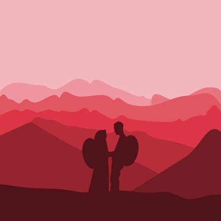 Silhouette of a pair of climbers standing from the top of a hill against the backdrop of mountains. romantic conceptのイラスト素材