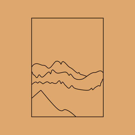 Vector simple illustration in simple linear style, minimalist boho logo landscape with mountain, hill, and sun.のイラスト素材