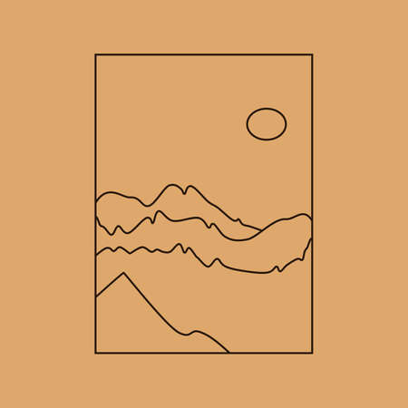 Vector simple illustration in simple linear style, minimalist boho logo landscape with mountain, hill, and sun.のイラスト素材