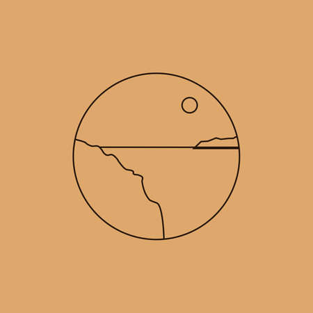 Vector simple illustration in simple linear style, minimalist boho logo landscape with mountain, hill, and sun.のイラスト素材