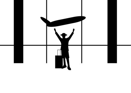 Tourism and airplane travel concept. Vector flat people illustration. a man standing with luggage on airport departure with a plane background.のイラスト素材