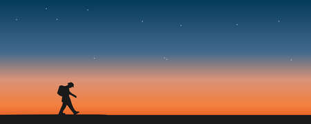 Traveler standing on top of a mountain with sunset background. Exploration, hiking, adventure tourism, and travel.のイラスト素材