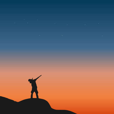Traveler standing on top of a mountain with sunset background. Exploration, hiking, adventure tourism, and travel.のイラスト素材