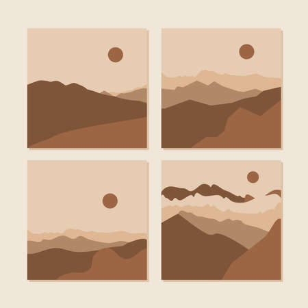 Set of abstract landscape posters. Modern background flat design, contemporary boho mountains minimalist wall decor.のイラスト素材