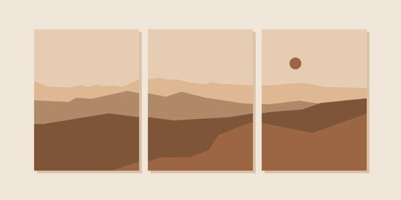 Set of abstract landscape posters. Modern background flat design, contemporary boho mountains minimalist wall decor.のイラスト素材