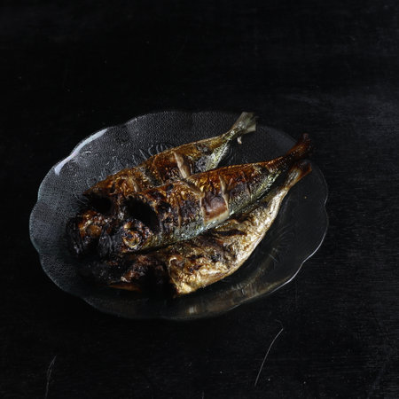 grilled fish on a black backgroundの写真素材