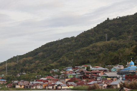Landscape of a residential area at the hill with some tree and nature blendの写真素材