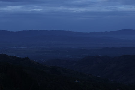 View of the mountains from the top of the hillの写真素材