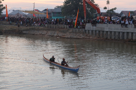 Gorontalo, Indonesia - August 19 2023: View of lomba balap perahu or traditional boat race....