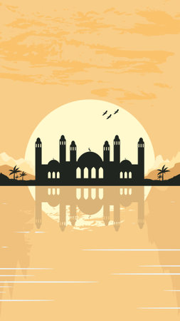 Illustration of mosque silhouette at sunset with reflection in the water.のイラスト素材