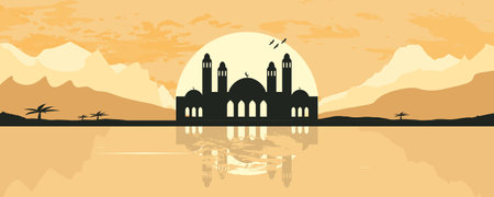 Silhouette of mosque with reflection in the water, vector illustrationのイラスト素材