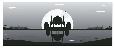 Mosque silhouette on the background of the city. Vector illustration.のイラスト素材
