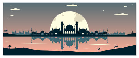 Mosque silhouette on the background of the city. Vector illustration.のイラスト素材