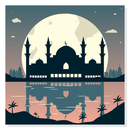 Mosque silhouette on the background of the city. Vector illustration.のイラスト素材