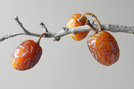 Ripe dates on branch, isolated on gray background, closeupの素材