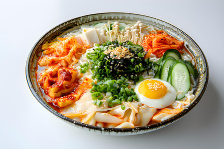 kalguksu served on a plate isolated on white backgroundの素材