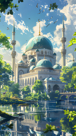 illustration of a mosque on the riverbank in the morning. Islamic Backgroundの素材