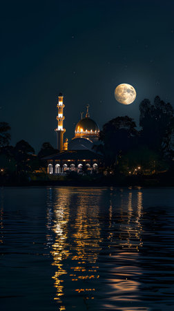Mosque in the moonlight reflected in the water. Islamic Backgroundの素材