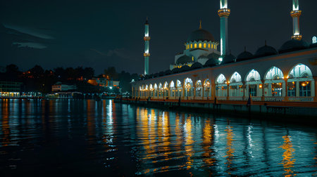 Mosque in the moonlight reflected in the water. Islamic Backgroundの素材