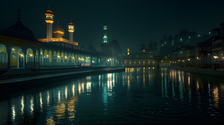 Mosque in the moonlight reflected in the water. Islamic Backgroundの素材