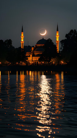 Mosque in the moonlight reflected in the water. Islamic Backgroundの素材