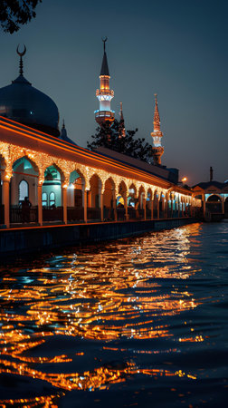 Mosque in the moonlight reflected in the water. Islamic Backgroundの素材