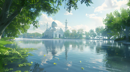 mosque on the riverbank in the morning. Islamic Backgroundの素材