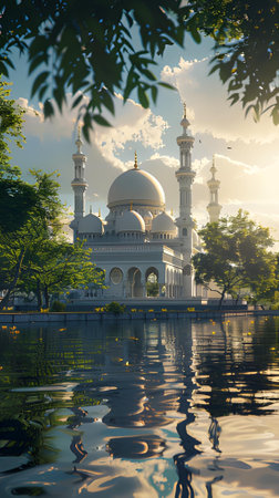 mosque on the riverbank in the morning. Islamic Backgroundの素材