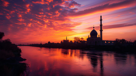 mosque on the riverbank at sunset. Islamic Backgroundの素材