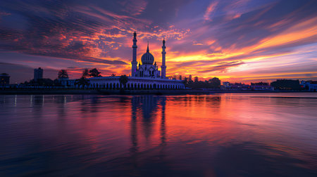 mosque on the riverbank at sunset. Islamic Backgroundの素材