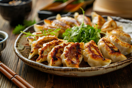 Japanese gyoza dumplings with soy sauce on wooden tableの素材