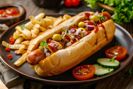 Barbecue grilled hot dog with sausage and yellow mustard with ketchup. Traditional American fast food.の素材