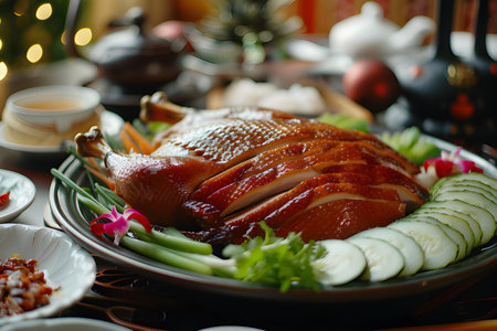 roast duck with vegetables on the table, closeup, toningの素材