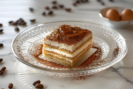 Tiramisu cake on a glass plate, close-upの素材