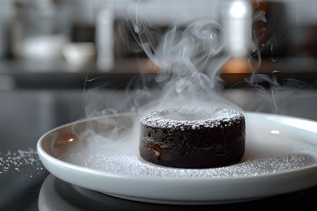 Chocolate Souffle with sugar powder on a white plate.の素材